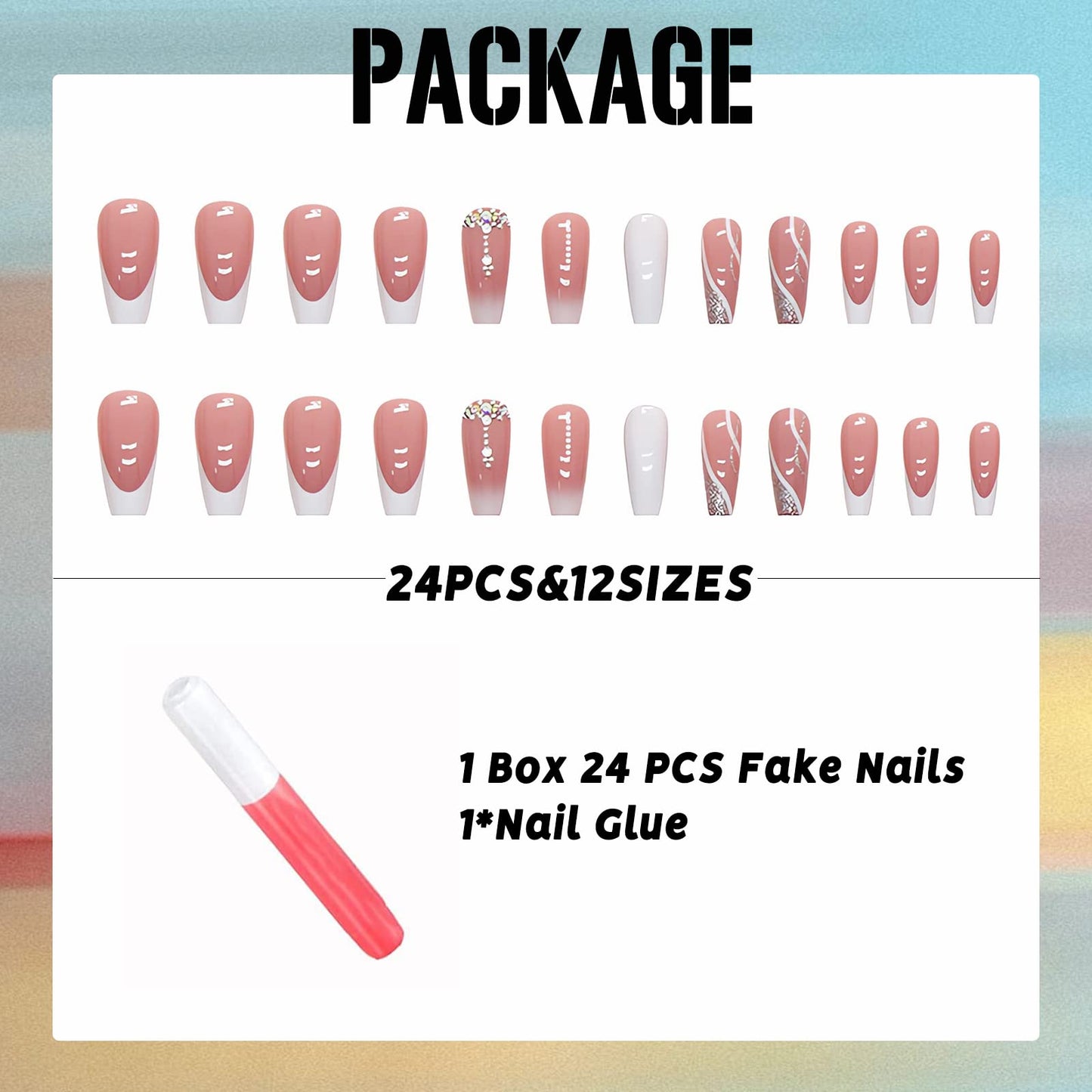 IMSOHOT Coffin Press on Nails Long Gradient Fake Nails Pink Rhinestone False Nails with Designs White Ballerina French Glossy Full Cover Acrylic Nails 24Pcs
