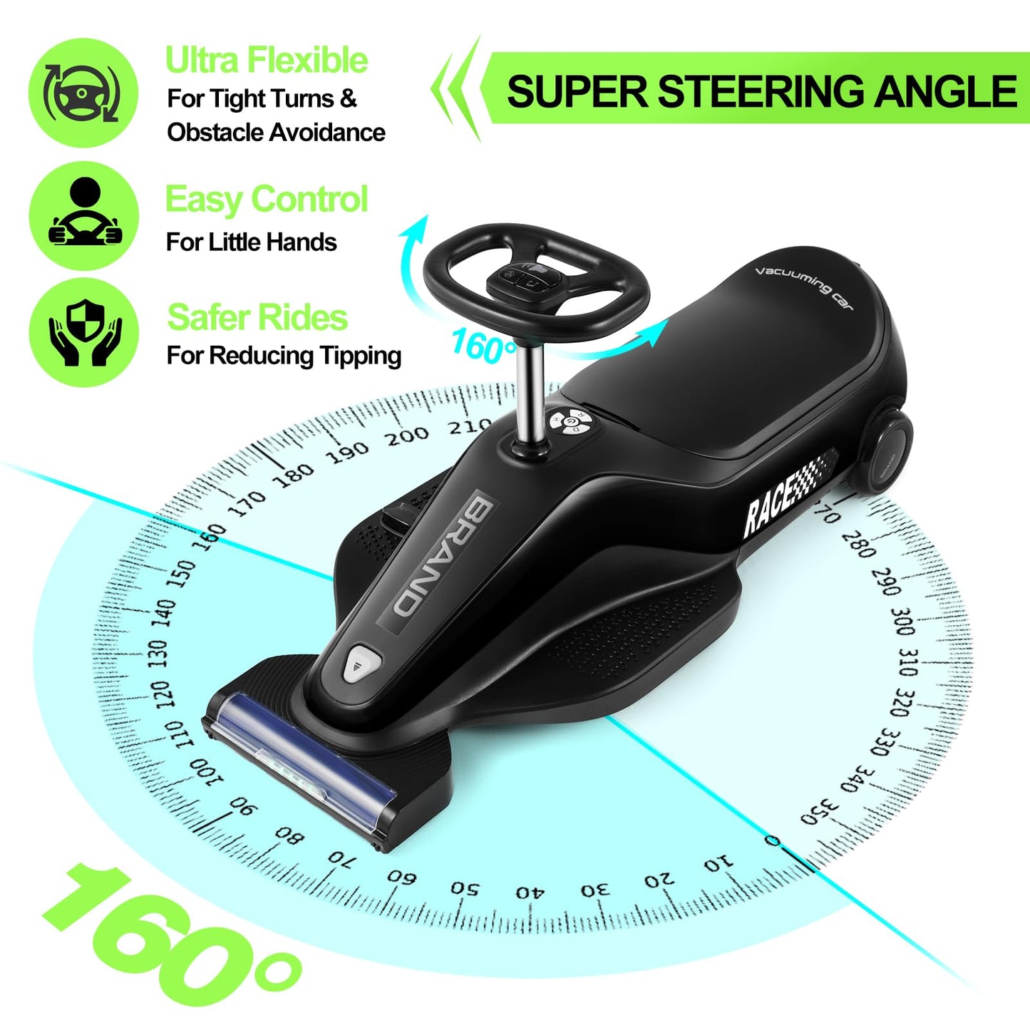 JOYLDIAS Kids Ride On Car with Vacuuming Function, 12V7AH Go Kart W/Detachable Cleaning Head Dust Box, 2 Speed 3-5km/h, Bluetooth Music, Electric Ride On Toy Car for Kids Toddlers Ages 3+,Black