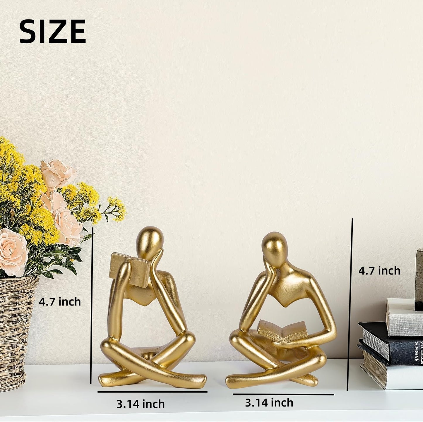 Prettidecor Thinker Statue Set of 2, Abstract Art Reading Sculpture Figurine, Modern Aesthetic Home Decoration for Living Room Bedroom Office Shelves Coffee Table Desk Bookshelf Decor (Gold)