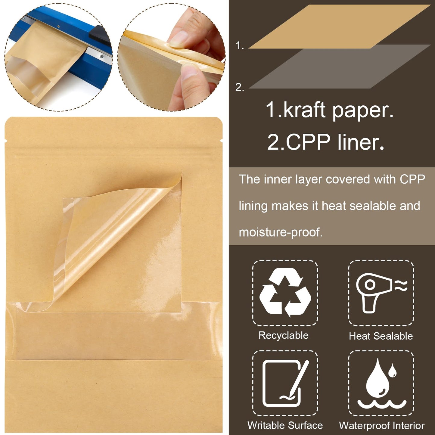 Blisstime 50 Pack Kraft Paper Stand Up Pouch Bags, Resealable Bag with Transparent Window and Tear Notch for Multipurpose Storage (5.5 X 7.9 Inches)