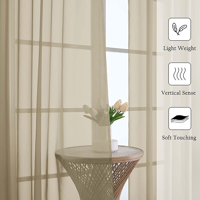 Lecloud Taupe Sheer Curtains 63 Inch Length 2 Pcs, Light Filtering Rod Pockets Window Curtains for Bedroom, Soft Voile Home Drapes for Living Room Bathroom Home Office, Each Panel 59" W x 63" L