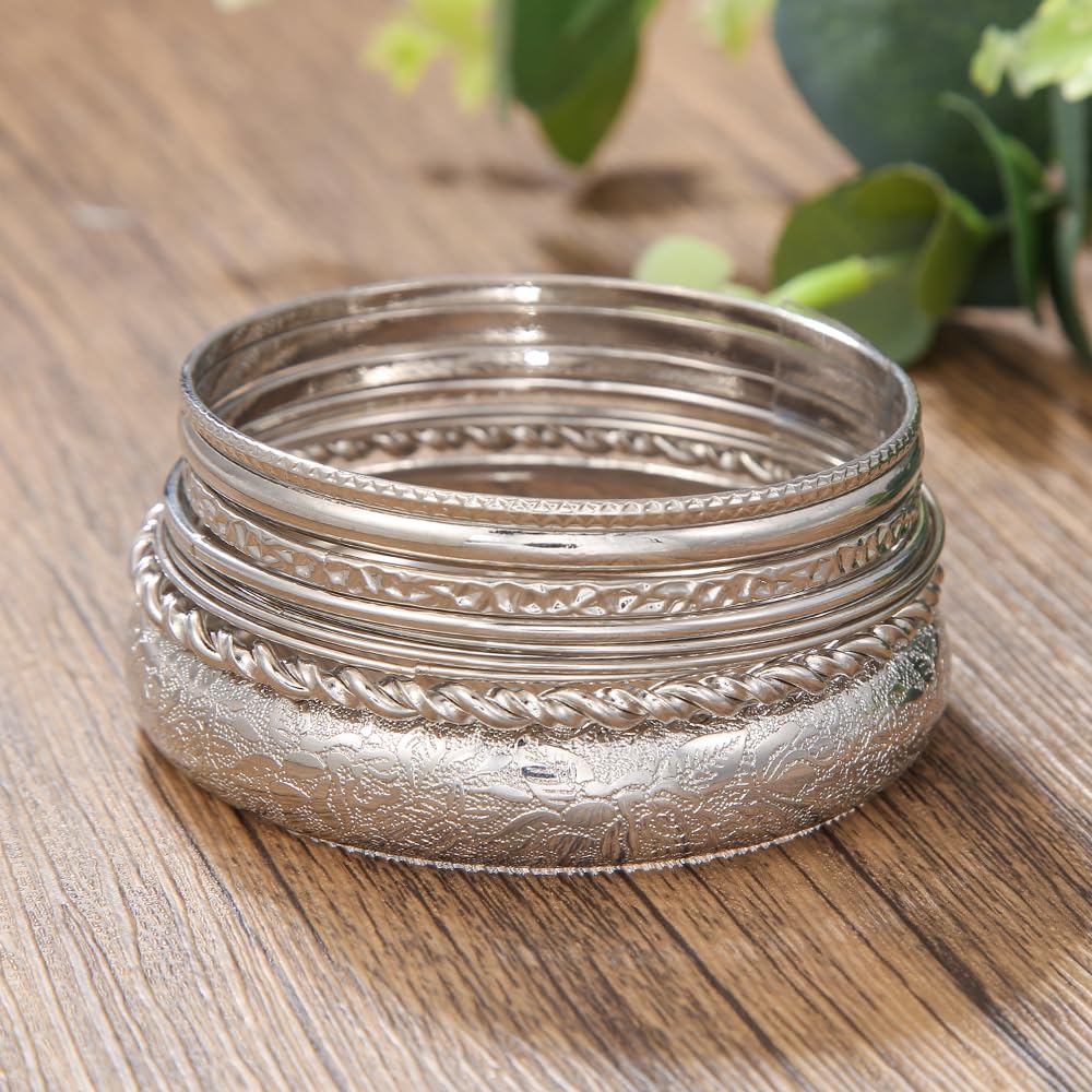 RINTOLER 10Pcs Silver Bangle Bracelets Set for Women - Chunky Silver Banlges Stackable Textured Bracelets Boho Jewelrys for Women. (J-Set 10pc Chunky)