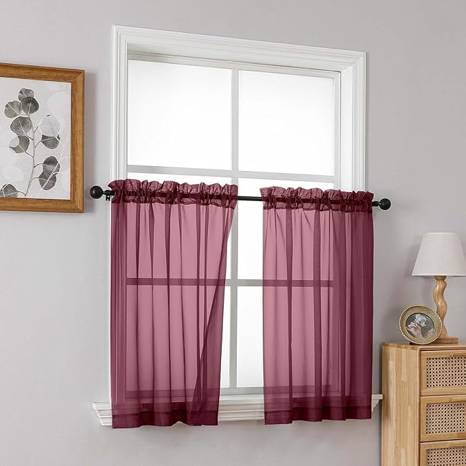 Burgundy Sheer Curtains Tier 30 Inches Length 2 Panels Set, Light Filtering Lightweight Soft Window Treatments Drapes, Cute Elegant Cafe Curtains for Nursery, Dual Rod Pocket, 2x42Wx30L Inches
