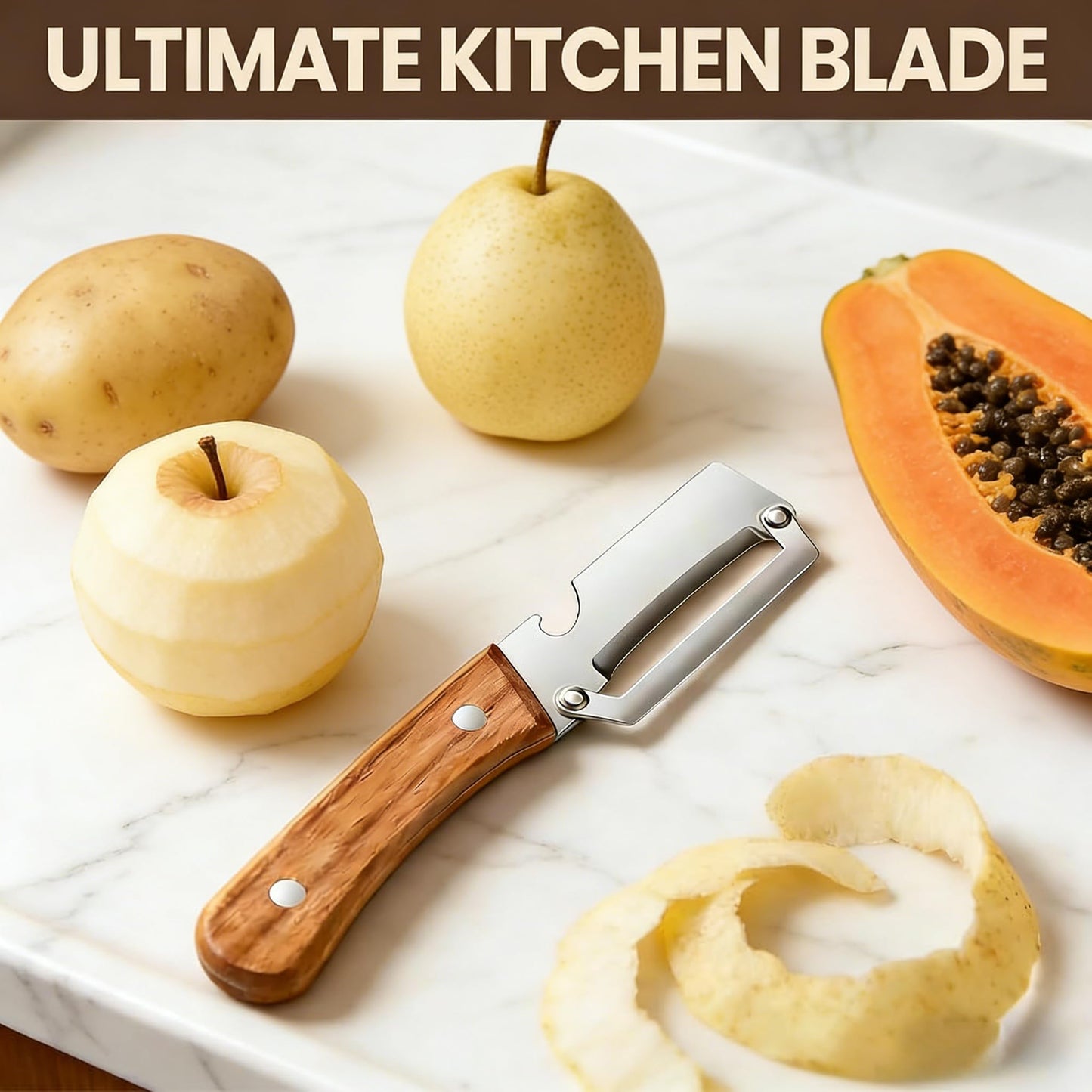 2 Pack Multifunctional Vegetable Peeler with Bottle Opener, Wooden Handle Stainless Steel Potato Fruit Peeler, Ergonomic Non-Slip Kitchen Gadget for Camping BBQ