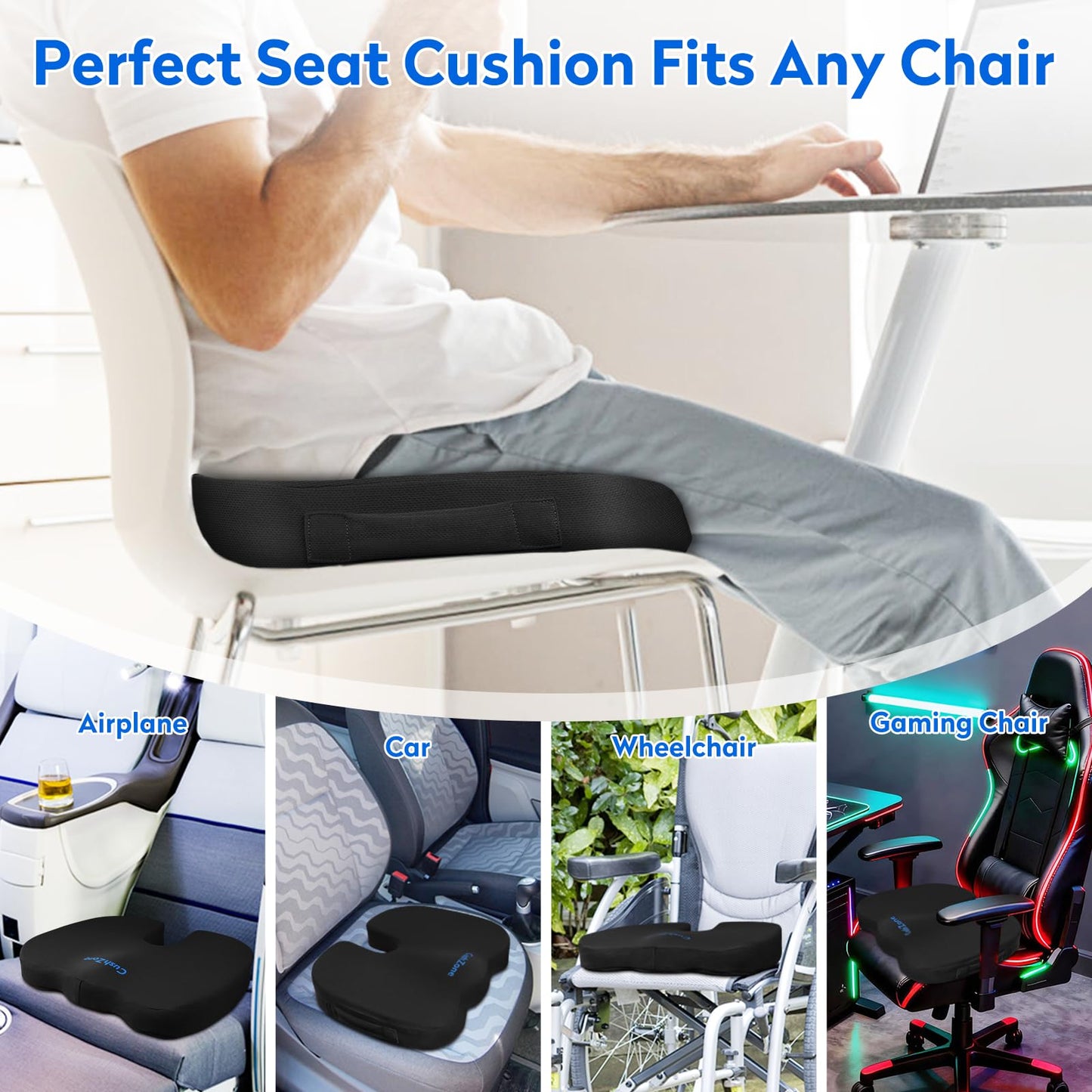 CushZone Seat Cushion - Memory Foam Office Chair Cushion for Sciatica, Tailbone & Back Pain Relief - Orthopedic Coccyx Pillow for Car, Airplane, Pregnancy & Long Sitting at Work, Black