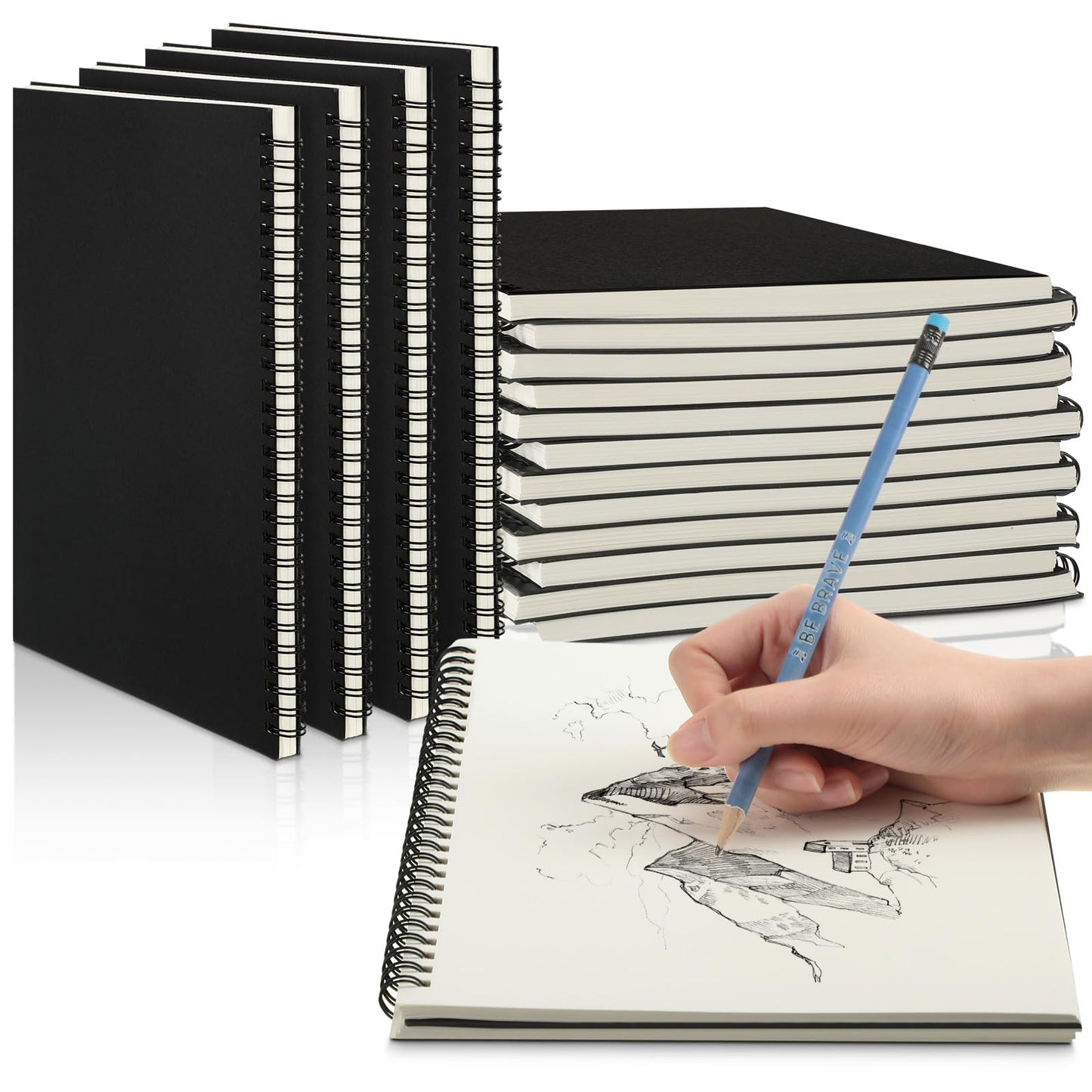 Gueevin 2 Pack Sketch Books Bulk 7.5" x 10" Spiral Bound Sketch Pads for Drawing Hardcover 60 Sheets Bulk Sketchbooks for Artist Adult Art Supplies Pencil Pastel,100gsm (Black)