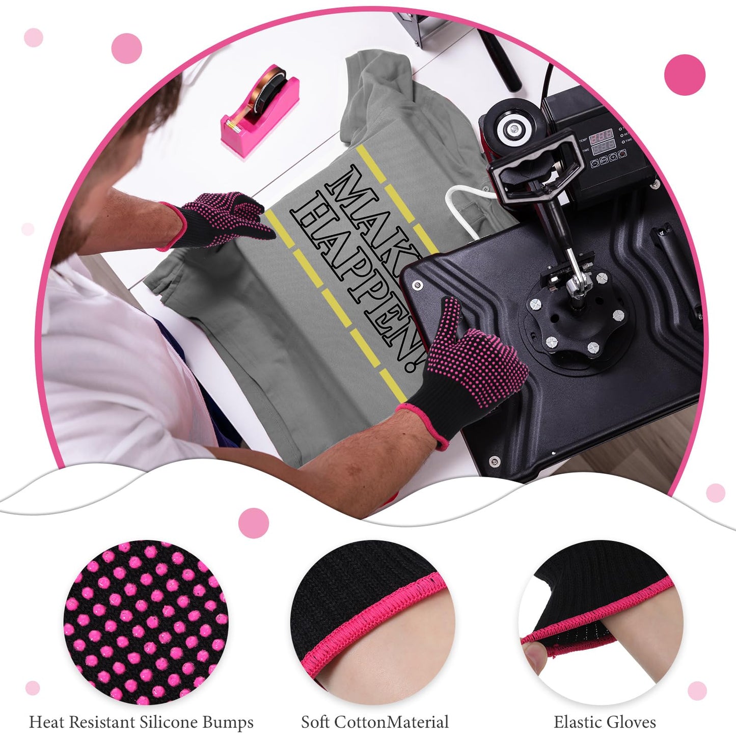 Kosiz 20 Pcs Heat Tape Dispenser Set 6 Multi Size Heat Tape for Sublimation 2 Press Gloves Resistant with Silicone Bumps Mini Cutter Pen Set Nonskid Weighted Base Holder(Rose Red)
