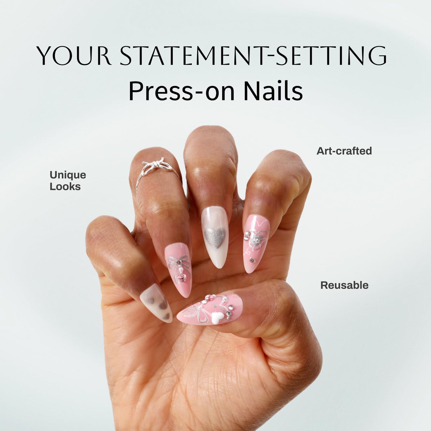 Never Have I Ever Hearts of Pearls Short Almond Press On Nails 24 Piece Soft Gel False Nails for Everyday Wear Reusable Comfortable Fit for Women As Seen on Shark Tank