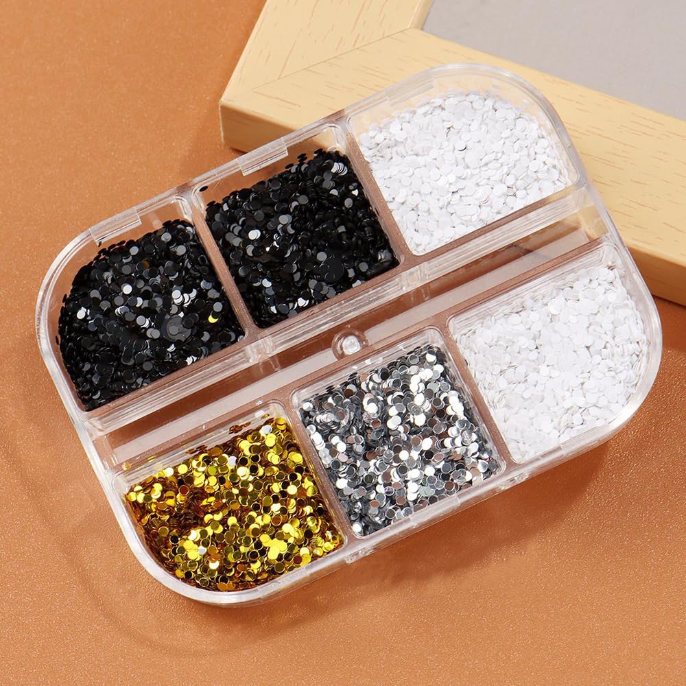 1 Box 6 Grids 3D Laser Mini Polka Dot Nail Sequins 1mm Tiny Dot Nail Glitter Flakes Black White Gold Silver Round Dots Paillettes Nails Charms Shiny Glitter for Nails Sequins for Crafts Manicure Decor