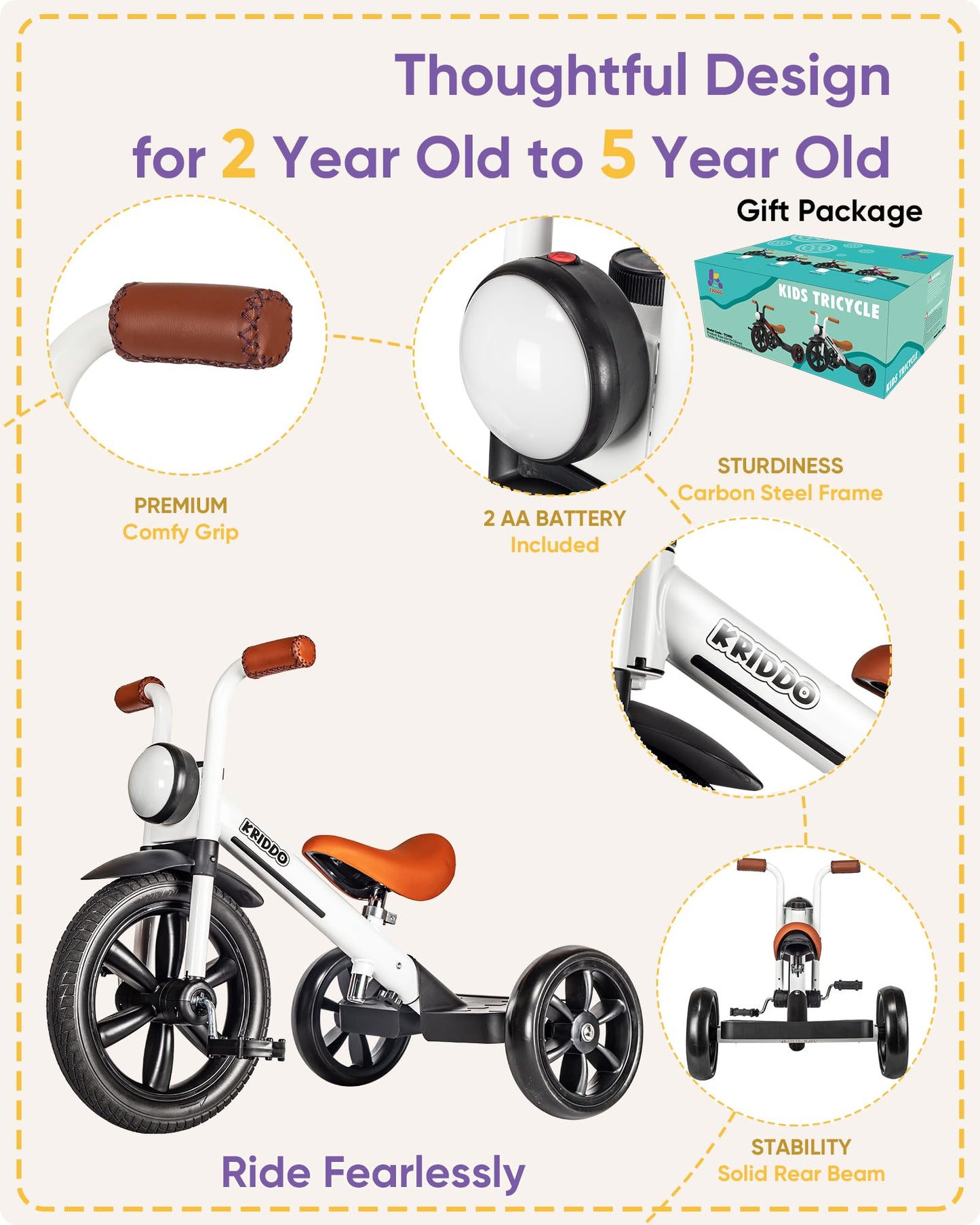 KRIDDO Kids Tricycle, 12 Inch Puncture Free Wheel w Front Light, Adjustable Seat Height, Gift for 2-5 Year Olds, White