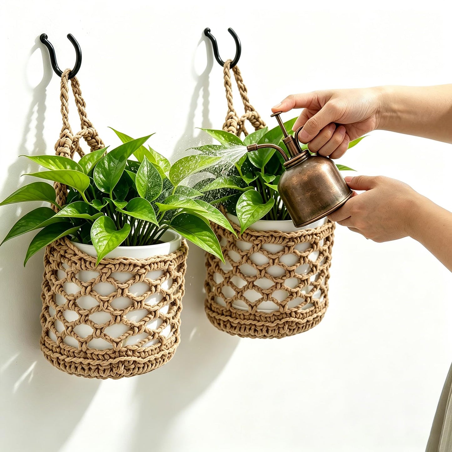 4-Pack 5-Inch Macrame Wall Plant Hangers, Natural Cotton Hanging Planter Baskets for Indoor Plants, Boho-Style Woven Plant Baskets for Walls, Small Hanging Pots for Succulents and Kitchen Storage