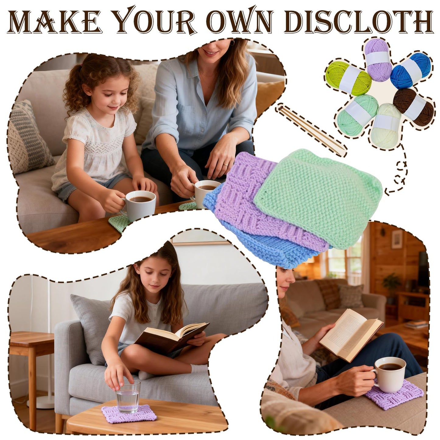 Lewhoo Knitting Kit for Beginners,Learn to Knit Kit for 6 Patterns Dishcloth with Step-by-Step Instruction,Complete Knit Starter Kit -Including Yarn, Knitting Needle&Accessories