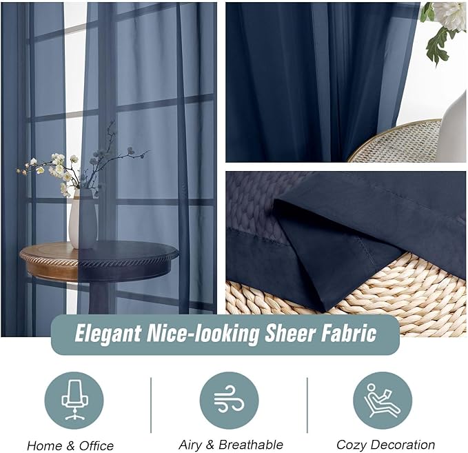 Navy Blue Sheer Curtains for Window 96 Inches Long 2 Panels, Soft Airy Light Filtering Voile Sheer Curtains for Living Room Bedroom, Dual Rod Pocket Elegant Window Drapes, 2x42Wx96L Inches
