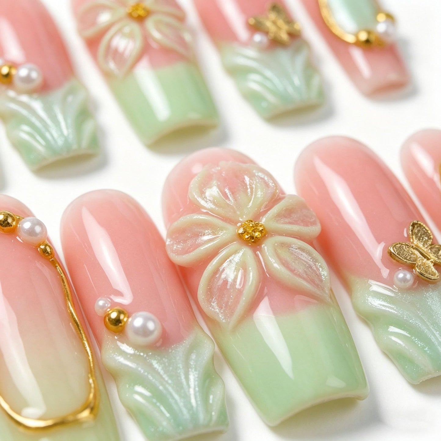 Long Square Press on Nails Handmade 3D Cute Glue on Nails for Women, Luxury Homemade Press on Nail Art Design, Fake Nails with 3D Nail Charms Size M 2