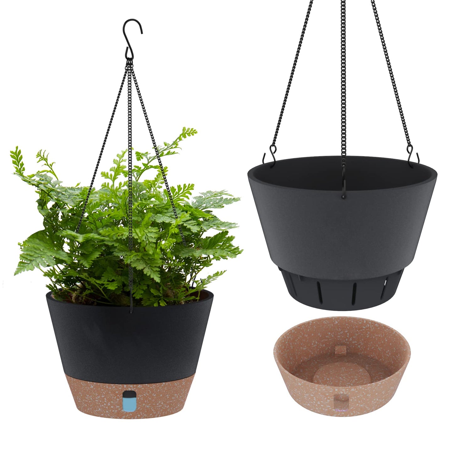 SOSMAR 2 Pack Hanging Planters, 10 Inch Hanging Pots with Visible Water Level, 6 Pcs Hooks, Decorative Flower Pot Holder with Drainage for Indoor Outdoor Use