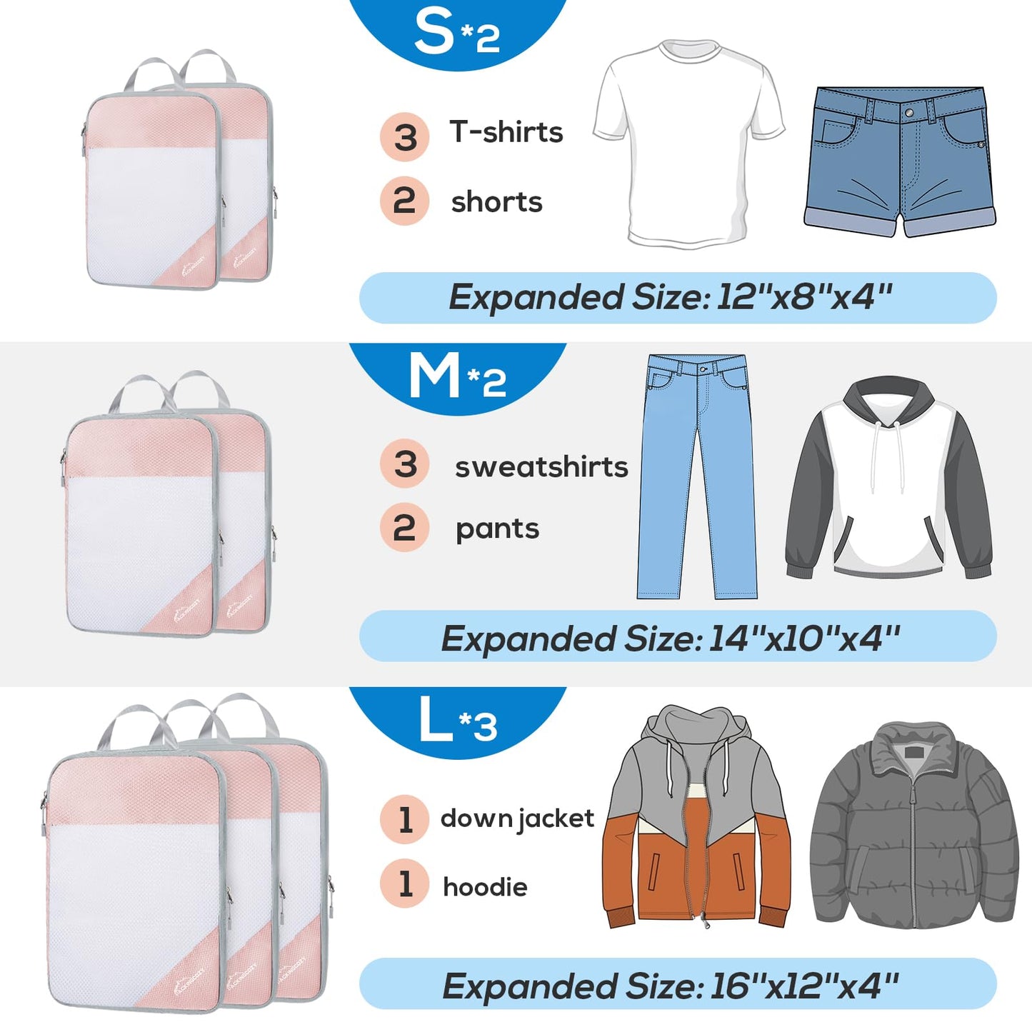 Compression Packing Cubes, 9 Set Packing Cubes for Travel Compression, Lightweight Compressible Package Organizer for Carry On and Suitcases, Pink