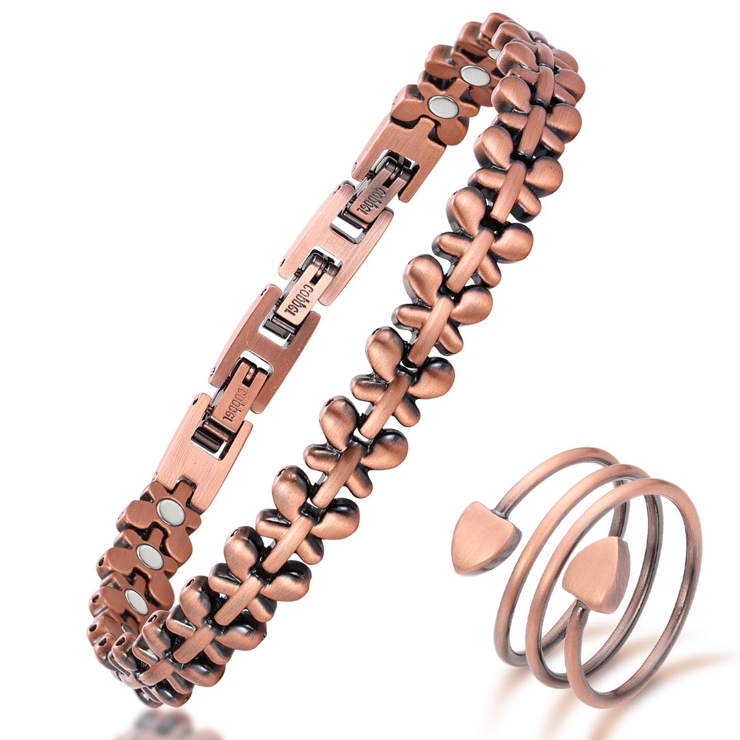 MagEnergy Copper Bracelet for Women, 99.99% Pure Solid Copper Bracelet with 3500 Gauss Magnetic, Adjustable, Jewelry Gift (Copper-Butterfly+Ring/B)