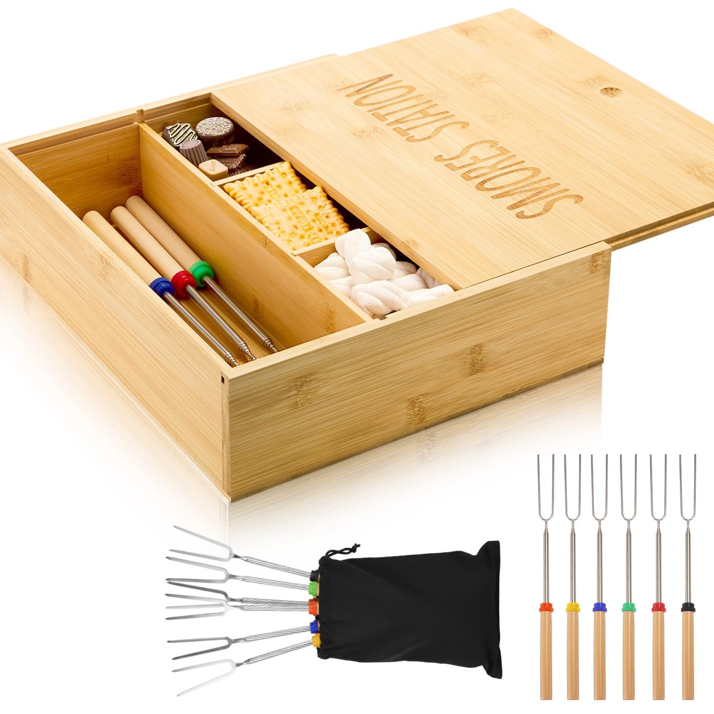 LemonRoad 13.4 x 11.2 x 3.5 Inch Smores Kits, Bamboo S'Mores Kit Box with Lid, 6 Extendable Roasting Sticks & Carry Bag, Portable Camping Cookware Set for Outdoor Picnic Backyard Party Family Fun