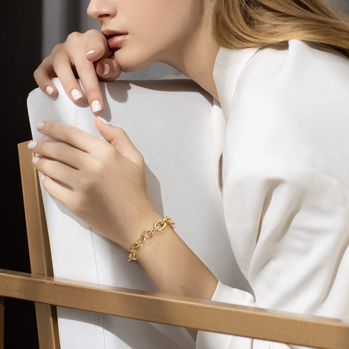 LANE WOODS Gold Bracelets for Women 14k Gold Plated Chunky Thick Large Link Chain Bracelet
