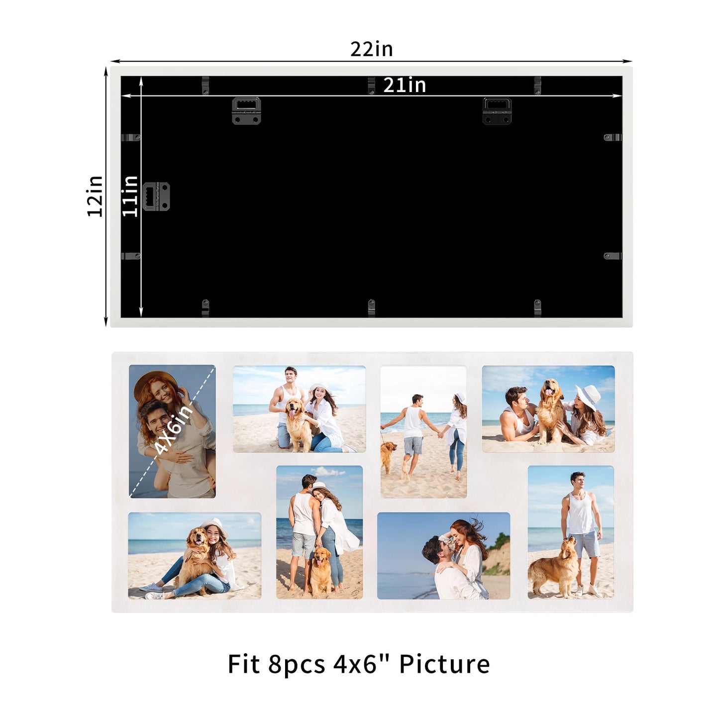 YESKAY 4x6 Picture Frame Collage for Wall Decor,Multiple Photo Collage Frames with Tempered Glass,8-Opening for 4 x 6 Picture Frames,Rustic White,1 Pack(OD:11.75X21in)
