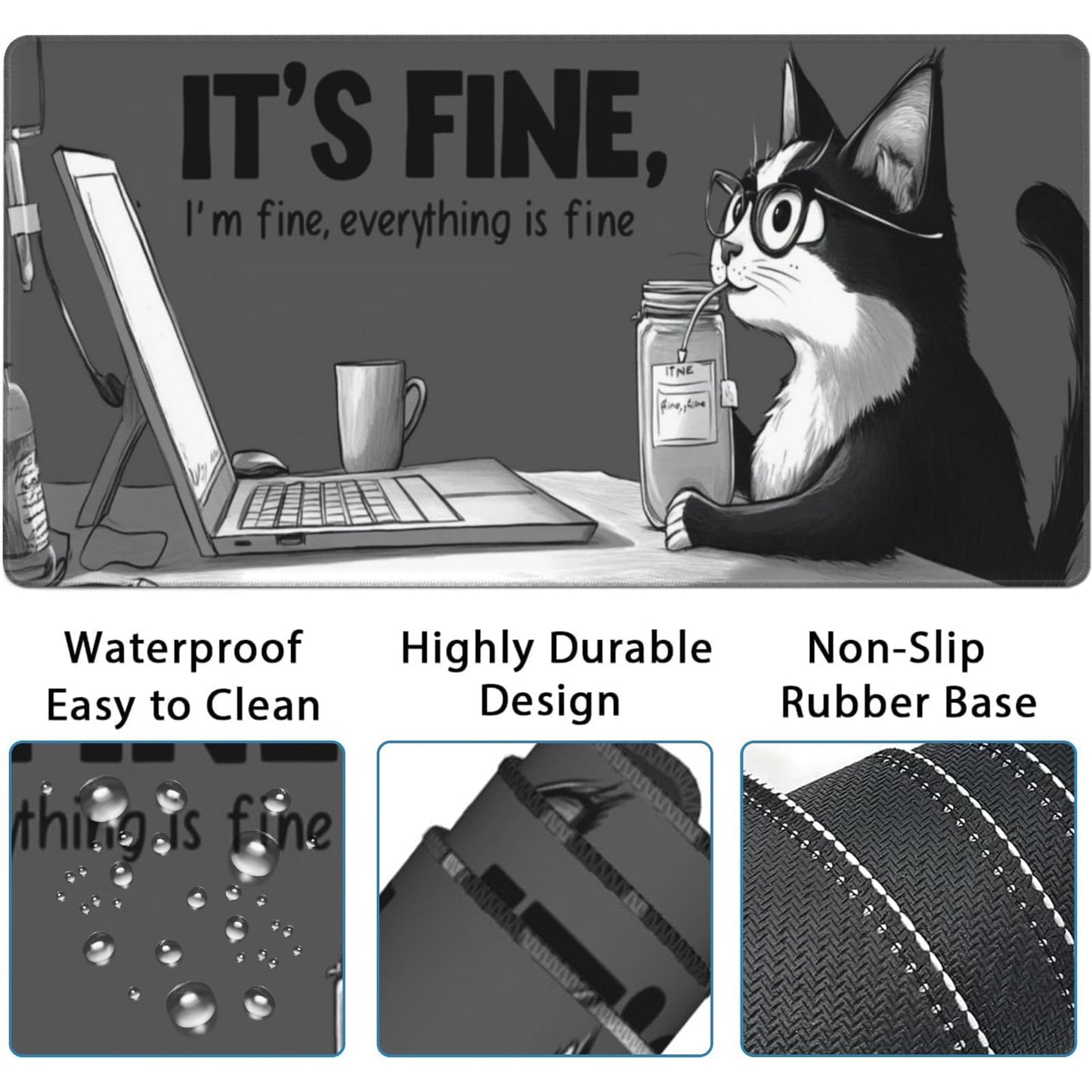 AQQA Funny Keyboard Mouse Pad Set,XXL Mouse Mat+Keyboard Wrist Rest Support, Cat Ergonomic Mouse Pad with Wrist Rest, 4 Pcs Cute Office Desk Accessories,35.4×15.7 in