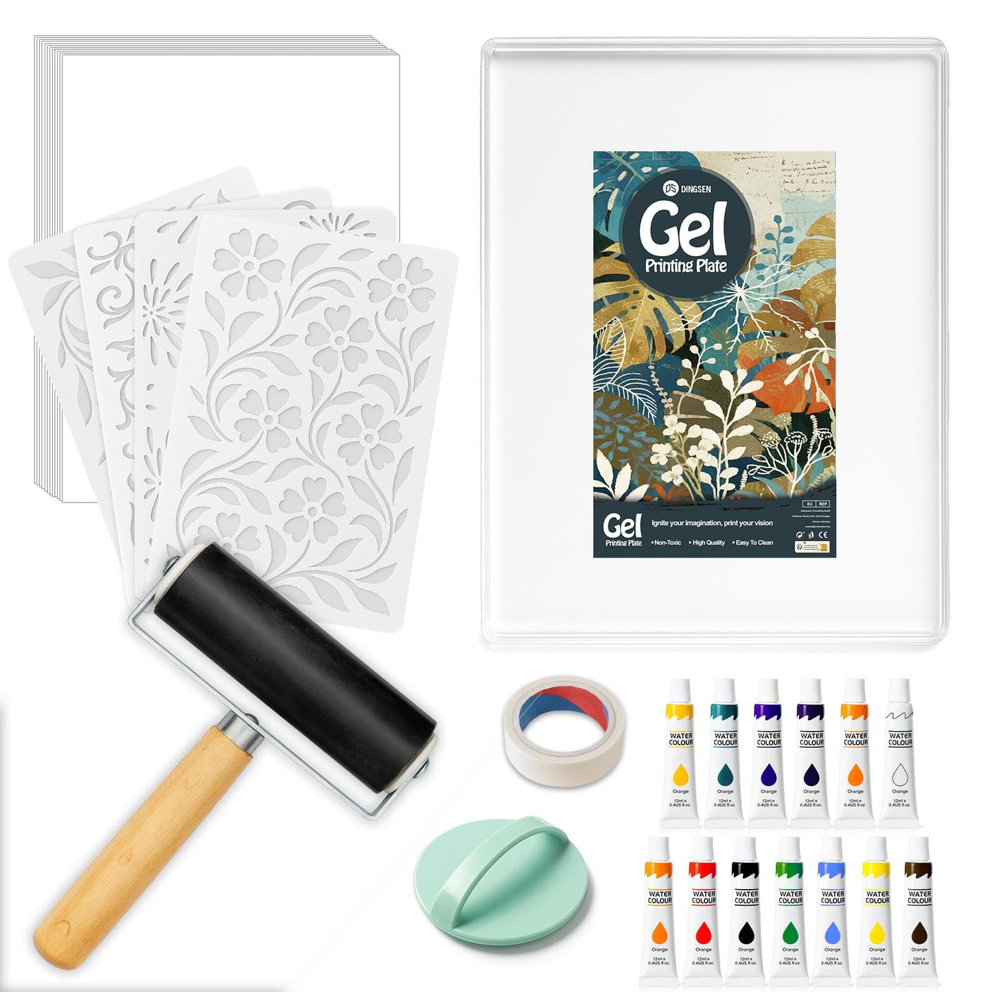 DINGSEN Gel Printing Plate Kit, Complete Printmaking Set with 8” X10” Gel Plate, Brayer, Watercolor Paints, A4 Printmaking Paper, and Essential Tools for Mixed Media Art, Monoprinting, Card Making
