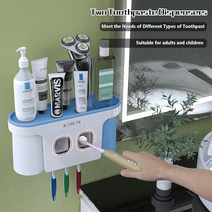 Toothbrush Holders for Bathroom Organizer, 2 Cups Automatic Toothpaste Dispenser Squeezer Kit Wall Mounted for Bathroom Set, Ideal Bathroom Accessories.Blue