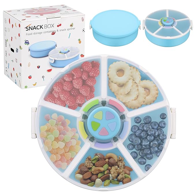 Snack Rotator Container Reusable Snack Box with 5 Compartment Dispenser and Lid, Color Matching Opening Lid, BPA and PVC Free, for Home, School, Travel (2 Pack- Blue)
