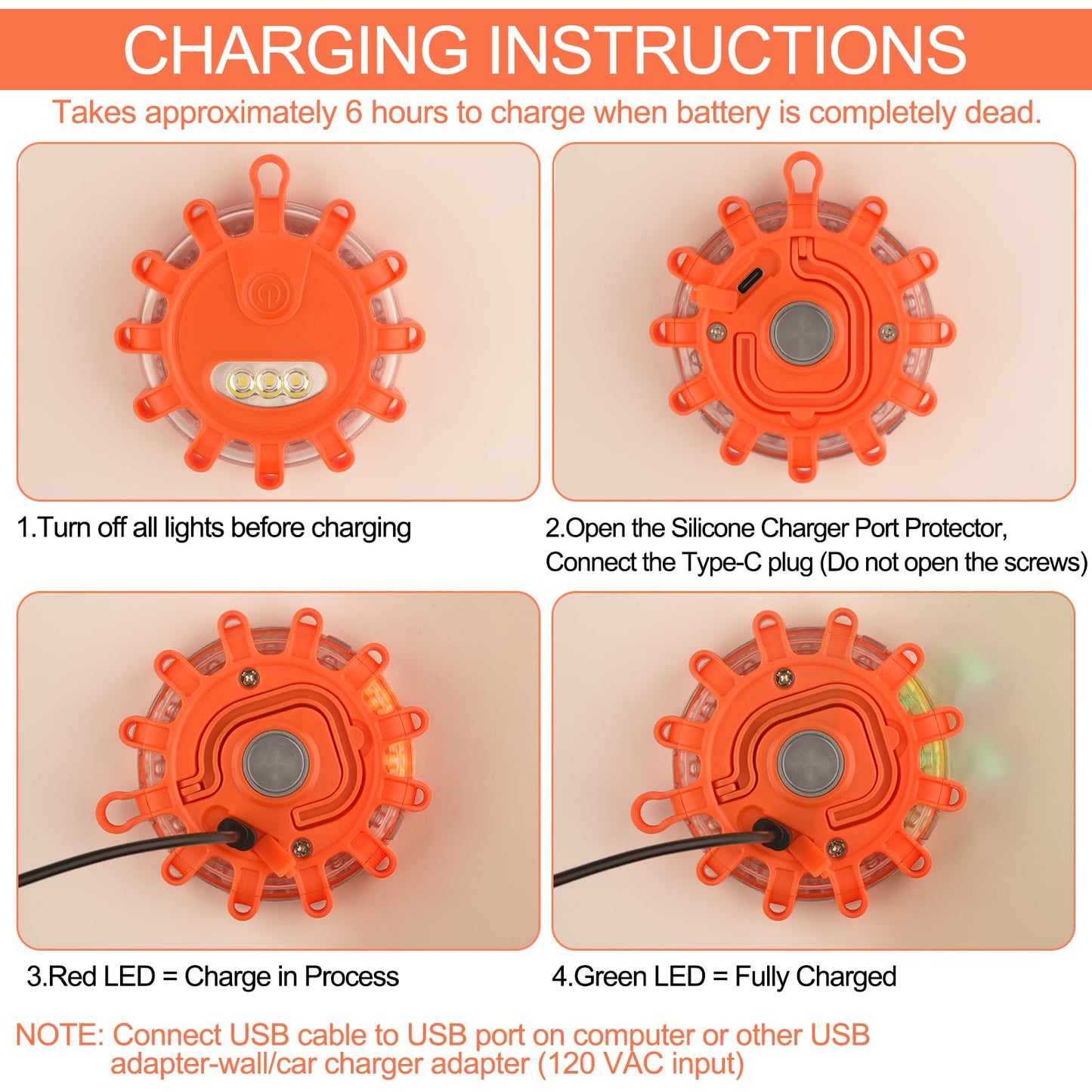 AK LED Road Flares Rechargeable Safety Flashing Warning Light Roadside Emergency Disc Beacon Kit for Vehicles Boats with Magnetic Base & Hook & USB Charging Cables (4 Pack)