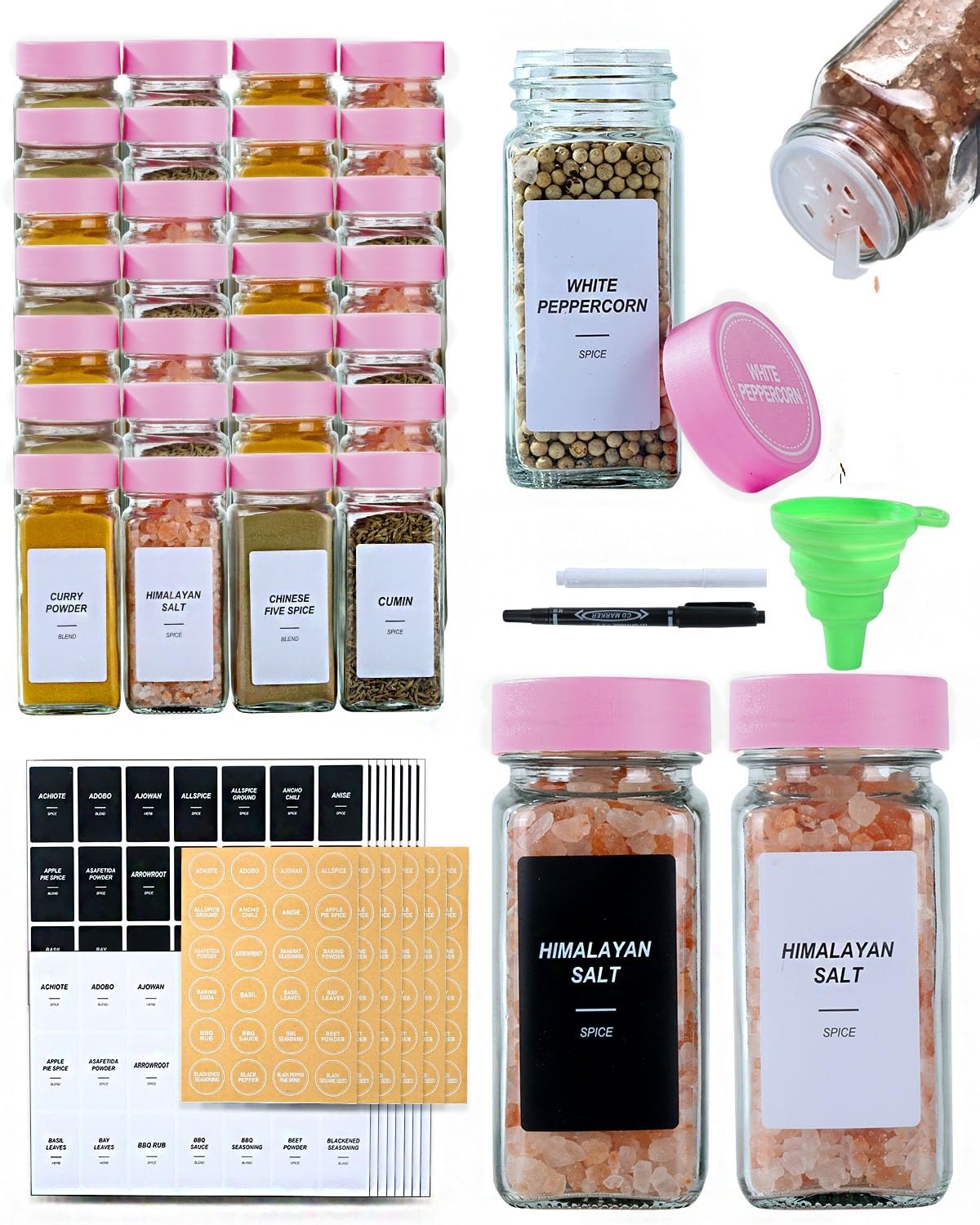 JARXSUN 24 Glass Spice Jars with Label-4oz Spice Containers with Lids and Shaker Lids,3 Sets of Spice Labels 1 Collapsible Funnel 2 Erasable Markers (24)