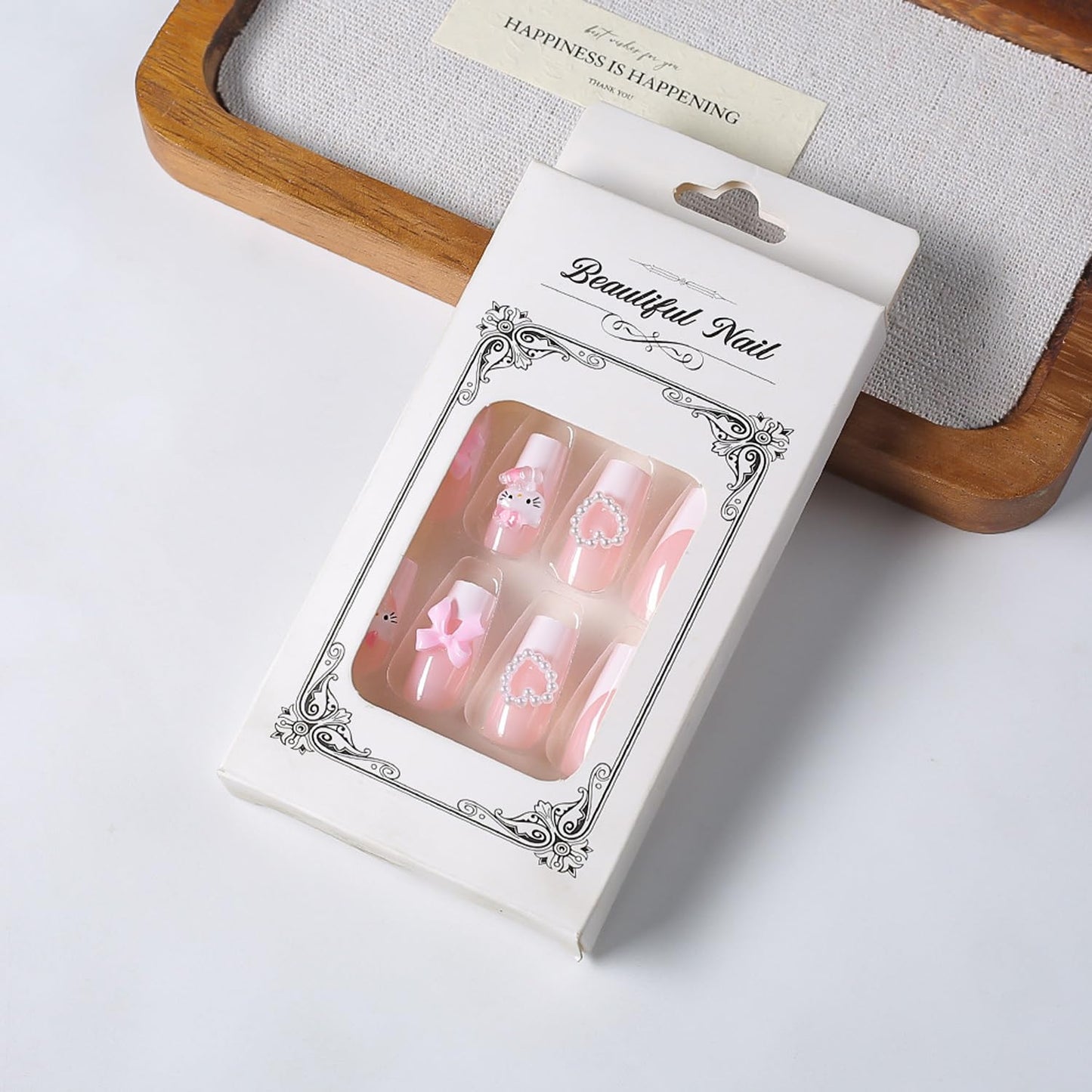 24pcs Cartoon Press on Nails Medium Square Fake Nails Heart-Shaped Bow Nails, French Tip Press on 3D Bows Heart False Nails Tips Cute Stick on Nails Full Cover Artificial Acrylic Nails for Women Decor