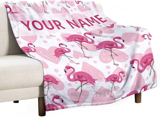 Custom Flamingo Blanket Gifts with Name - 50 x 60 Inches Cute Flamingo Throw for Teens - Light Pink Fluffy Warm Cozy Blankets for Couch