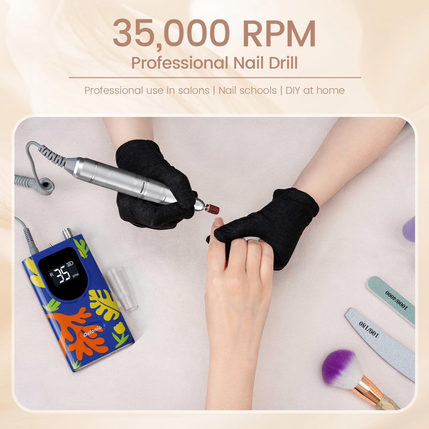 Delanie Professional Nail Drill High Torque 35000 RPM Rechargeable Portable Electric Nail File Filer for Acrylic Gel with Cuticle Bits, Salon Manicure Tool, Matisse Blue