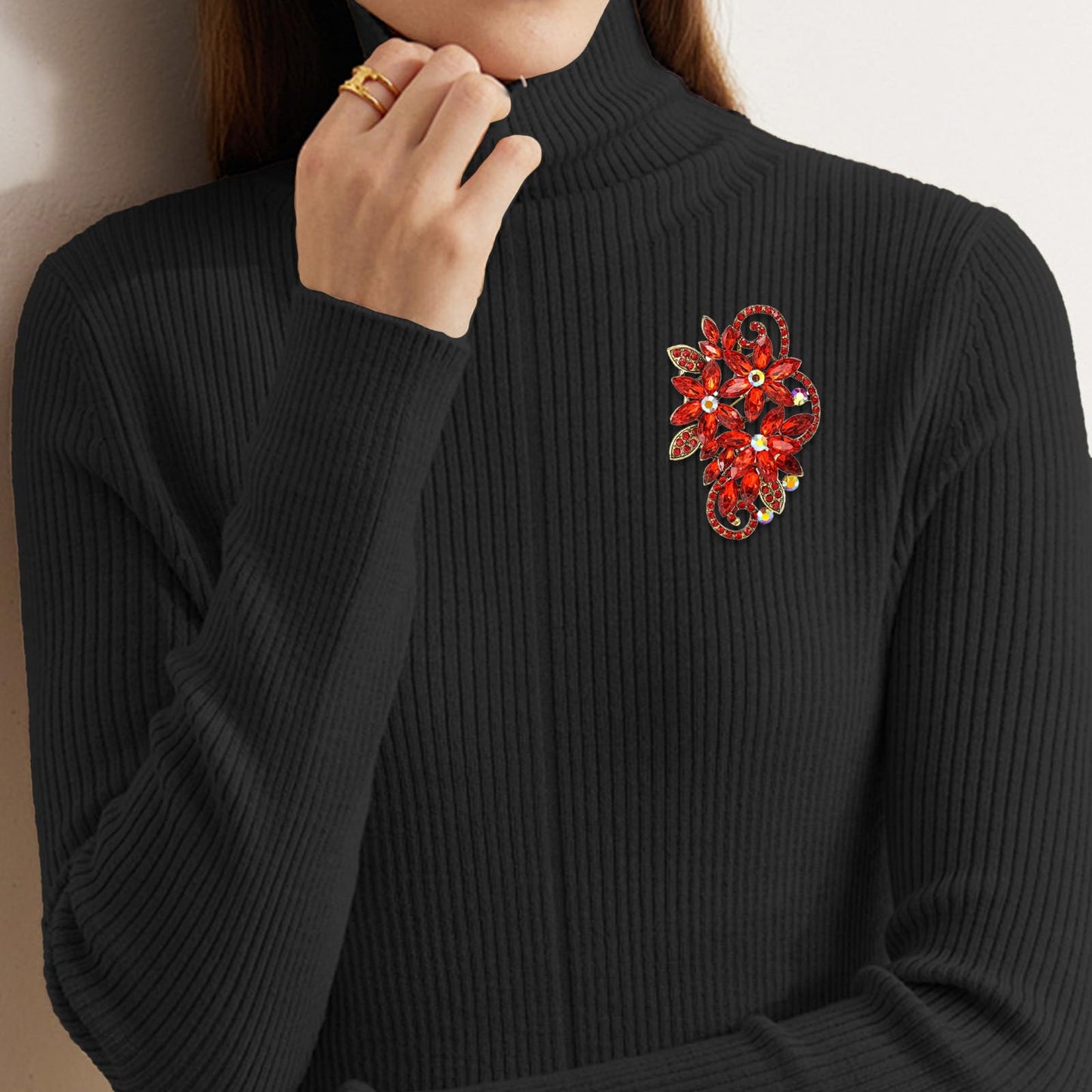 YOQUCOL Vintage Red Austrian Crystal Rhinestone Flower Shape Brooch Pin For Women