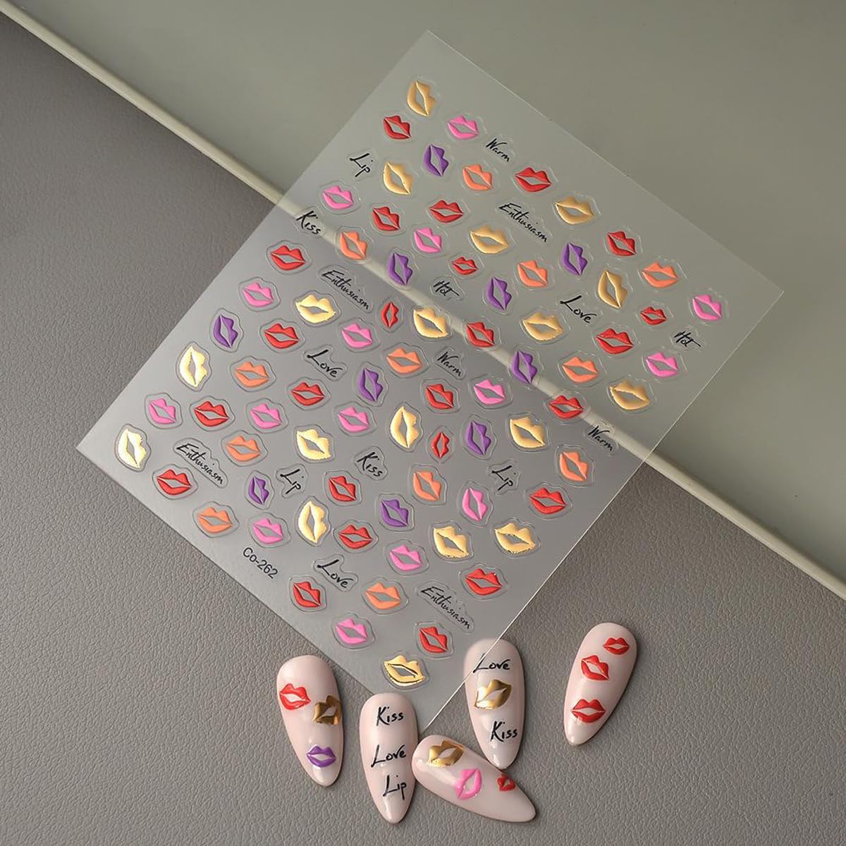 HPYFOI 5D Embossed Lip Nail Stickers - Red, Pink, Gold - Self-Adhesive Nail Art Stickers - DIY Manicure Decor - 1 Sheet