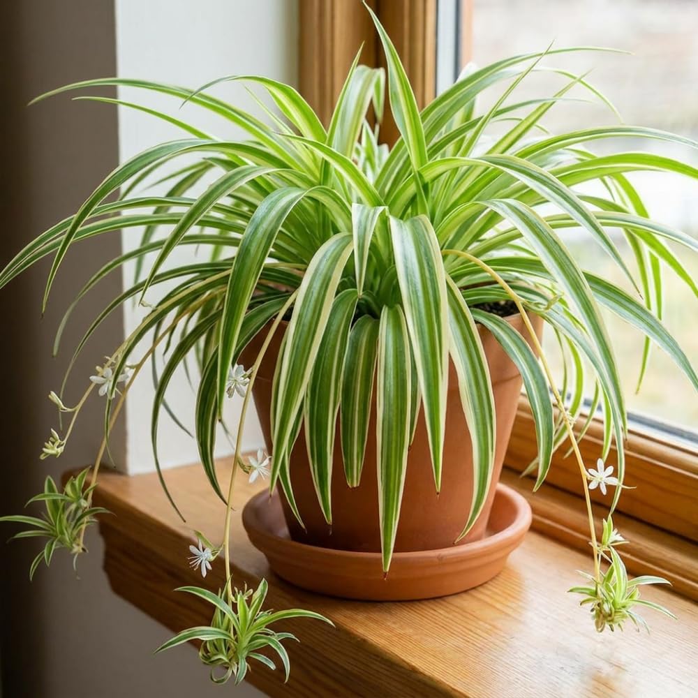 Variegated Spider Plant Live, 4-6" Tall in 4" Pot, Chlorophytum Comosum Indoor Houseplant, Variegated Green and White Leaves, Fully Rooted, Suitable Home and Office Decor
