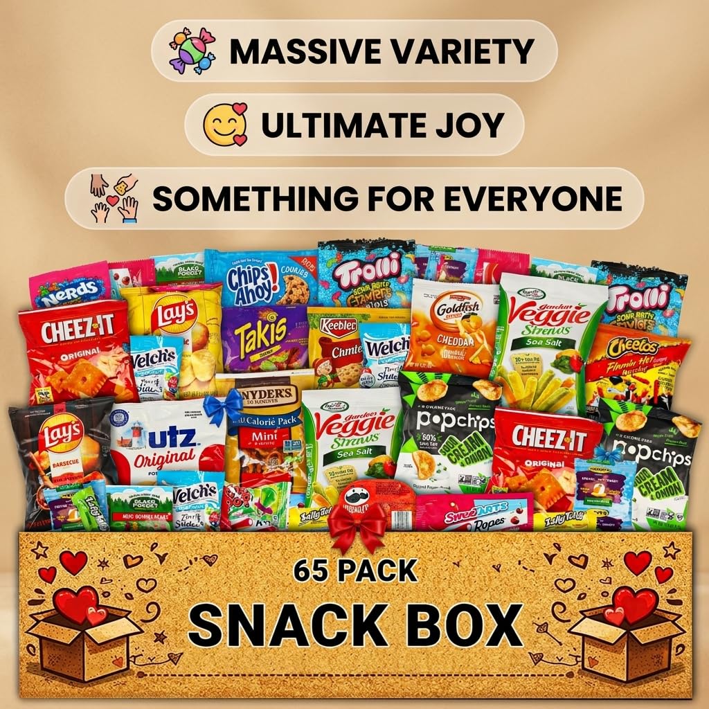Snack Variety Care Package Gift Box, 65 Count Ready To Gift Assorted Snacks With Cookies Chips Bars Popcorn Crackers For Adults Kids Office Break Rooms School Snacks Camp Snack Gift Birthdays Welcome Gifts Get Well Soon Box