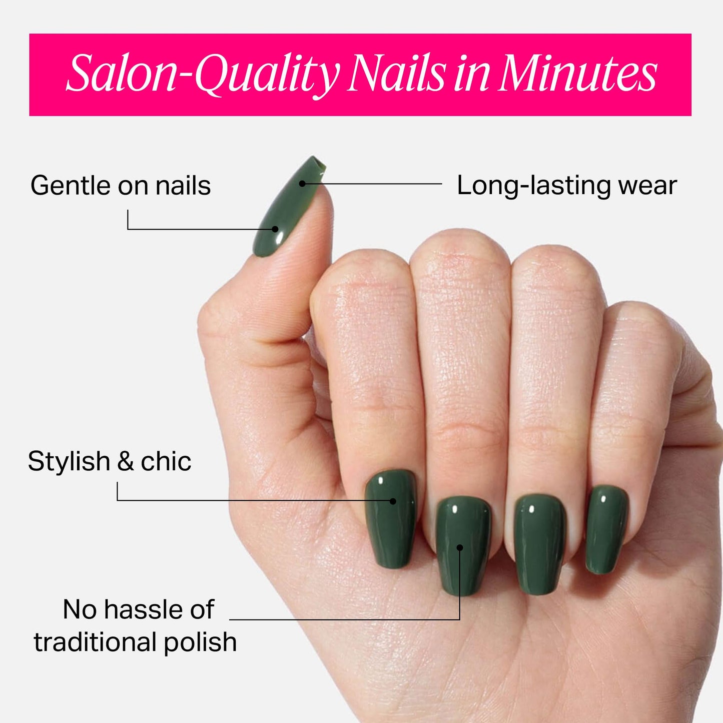 Nailboo Press On Nails, Salon-Quality Reusable Fake Nails for Fast DIY Manicure with Strong Hold Nail Glue for Press Ons, Nail File, & Alcohol Prep Pads, Jade Parade