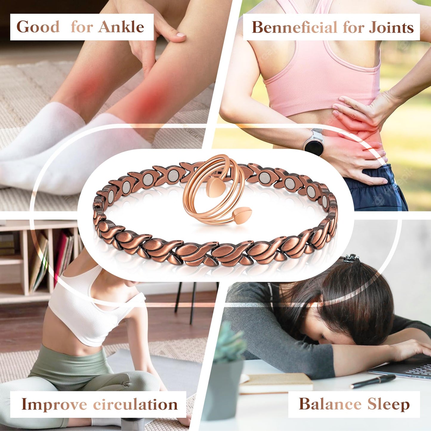 Copper Anklet for Women Magnetic Copper Ankle & Lymphatic Drainage Ring with 3500 Gauss Magnets 100% Solid Pure Copper Jewelry Gift with Adjustment Tool (Fishtail）