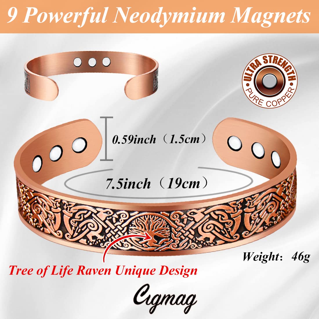Cigmag 9X Copper Bracelet for Men Copper Magnetic Bracelet Ultra Strength Magnets Tree of Life Raven Pattern Adjustable Solid Pure Cuff Bangle