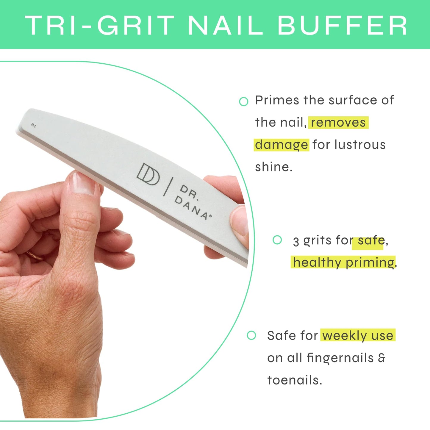 Dr. Dana Nail Buffer for Natural Nails - Professional Three Grit Buffing Block for Healthy Beautiful Nails - At-Home Pedicure and Manicure Tools - Smoothing, Polishing and Shining