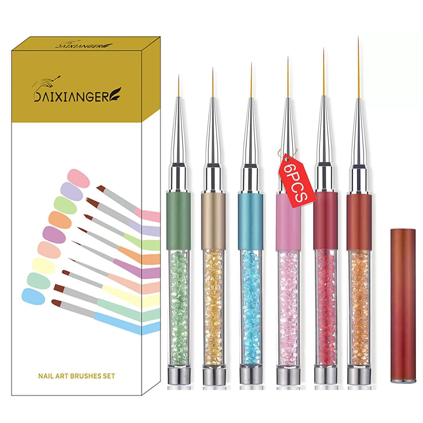 6Pcs Rhinestone Handle Ultra-Fine Nail Liner Brush Set - Professional Striping Brushes for Intricate Nail Art, Multi-Color Crystal Handle Gel Polish Liner Brushes for Salon & DIY Manicure Detailing