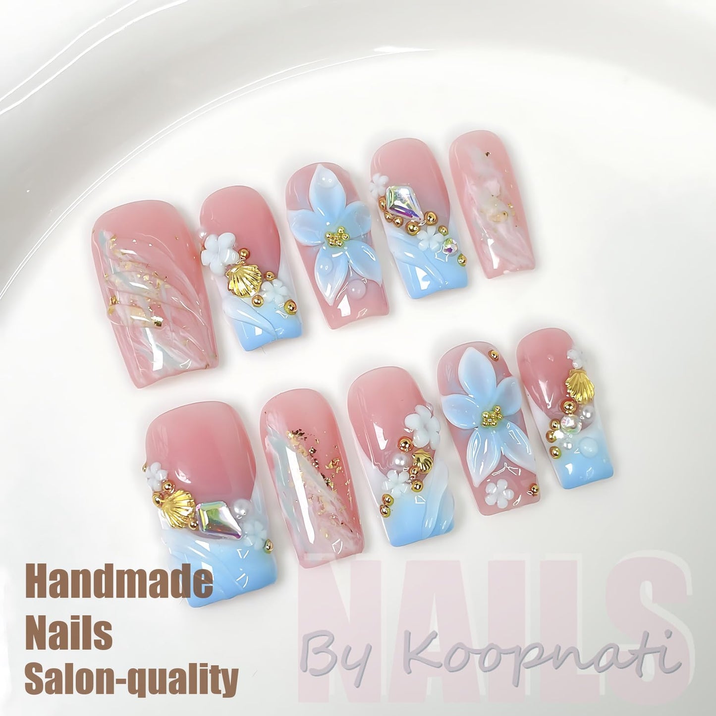 Summer Press On Nails Beach Handmade Press Ons Short Duck White Homemade Press On Nails French Tip With 3D Design Fake Nail Art For Women M