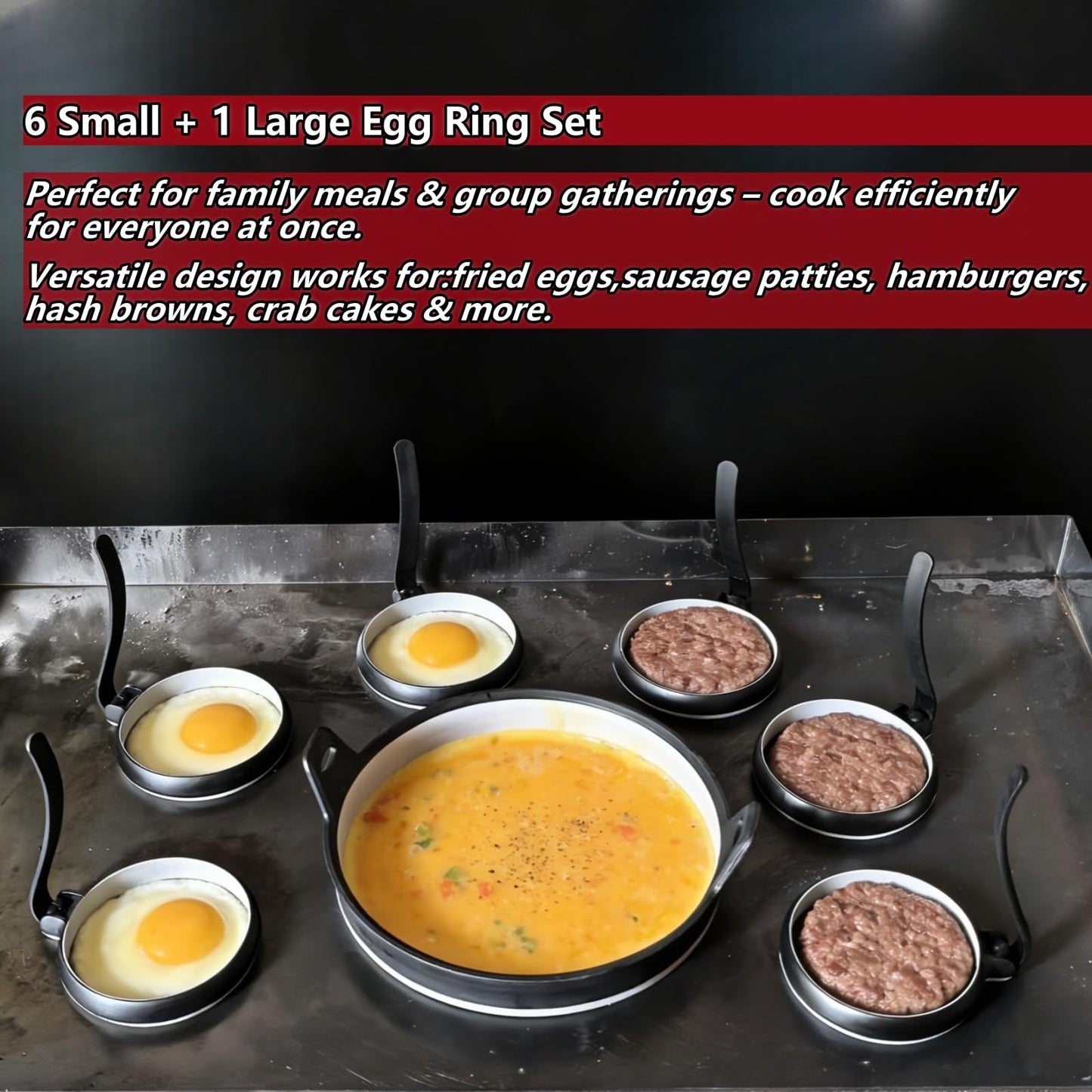 GAGAQI Nonstick Silicone Egg & Omelet Ring Kit,4" Egg Rings & 8" Omelet Ring, Egg Rings for Frying Eggs, Pancakes, Patties and English Muffins, 7 Piece Set (BLACK)