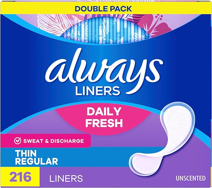 Always Daily Fresh Thin Liners, Regular Absorbency, Unscented Panty Liners, 216 Count (Packaging May Vary)