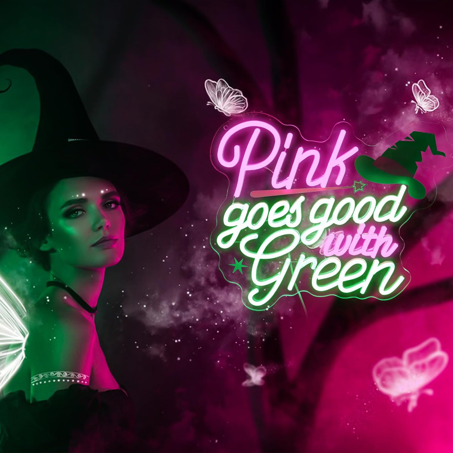 “Pink Goes Good With Greed” Witch-Themed Neon Sign - Enchanting LED Decor with Magic Hat Accent (13.9”x13.4”)