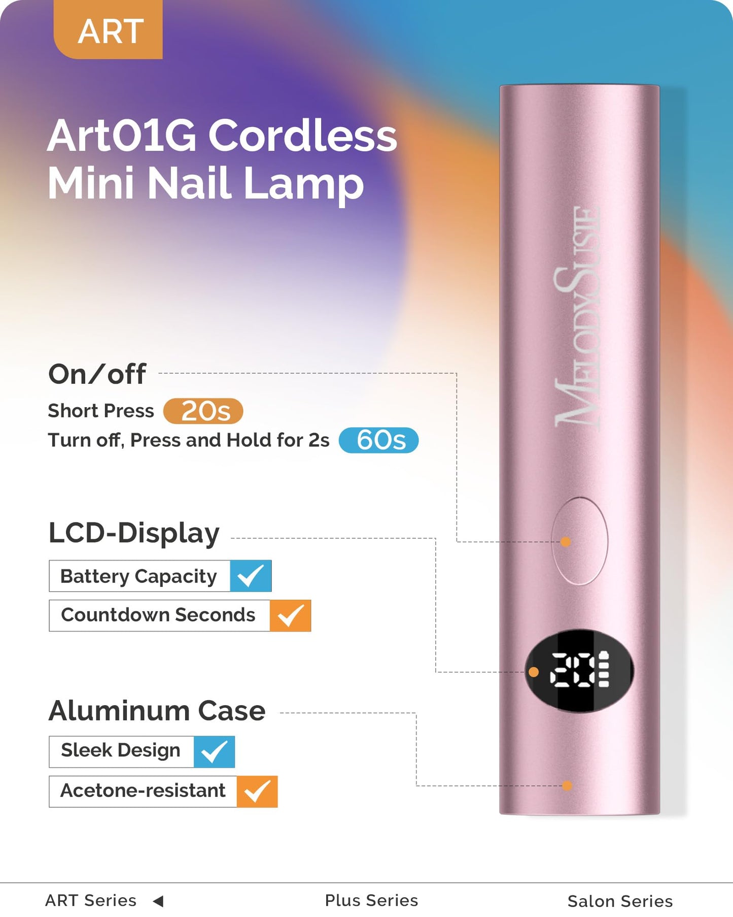 MelodySusie Handheld Cordless UV Nail Lamp with LCD Display & Optical Lens, P-Art01G Rechargeable Mini UV LED Light Flash Cures All Soft Gels, Especially Rhinestone Glue & Liner Gel Pink