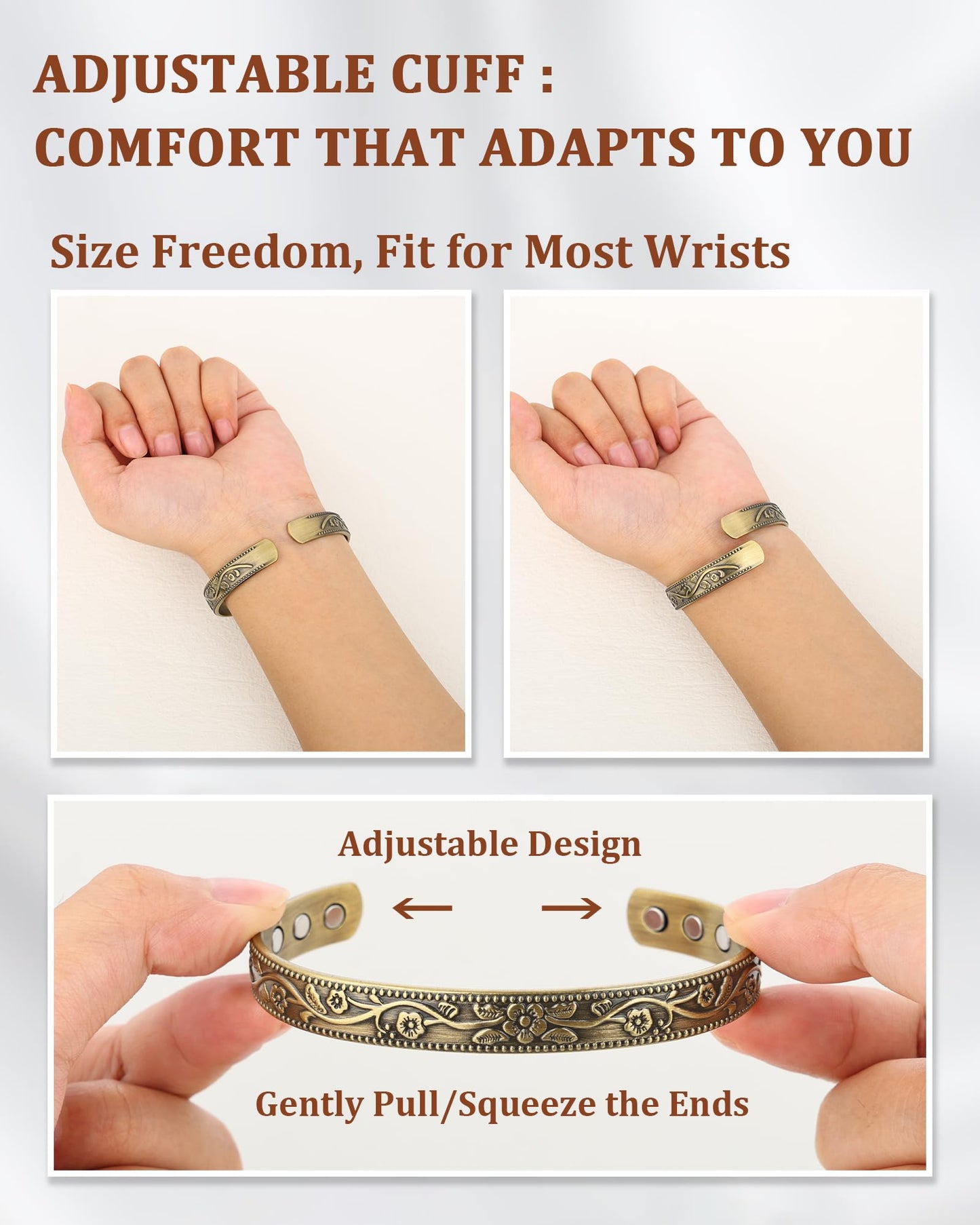 BioMag Copper Bracelet & Ring for Women, 99.99% Pure Copper Magnetic Bracelet Lymphatic Drainage Rings with 3500 Gauss Magnets, Adjustable & Flower Pattern (Antique Bronze Tone)