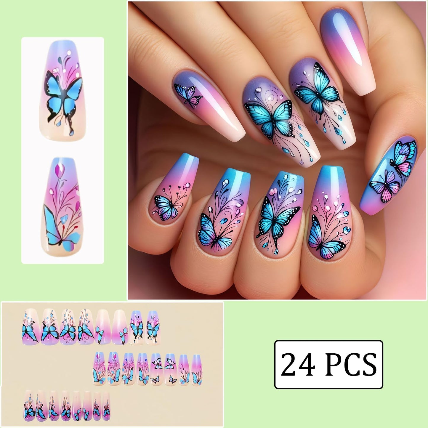 Spring press-on nails long ballet false nails with blue butterfly pattern false nails blue gradient cute leaves acrylic nails summer women's nail decoration 24 pieces