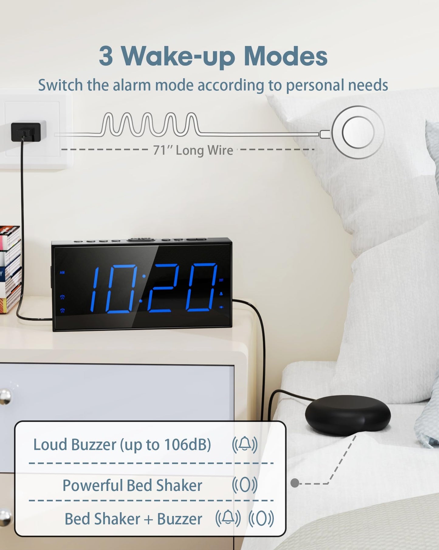 Roxicosly Loud Alarm Clock with Bed Shaker, Vibrating Alarm Clock for Heavy Sleepers/Hard of Hearing/Deaf,Dual Alarms, 7.5’’ Large LED Display, Dimmer, USB Charging Port, Plug-in with Memory Function
